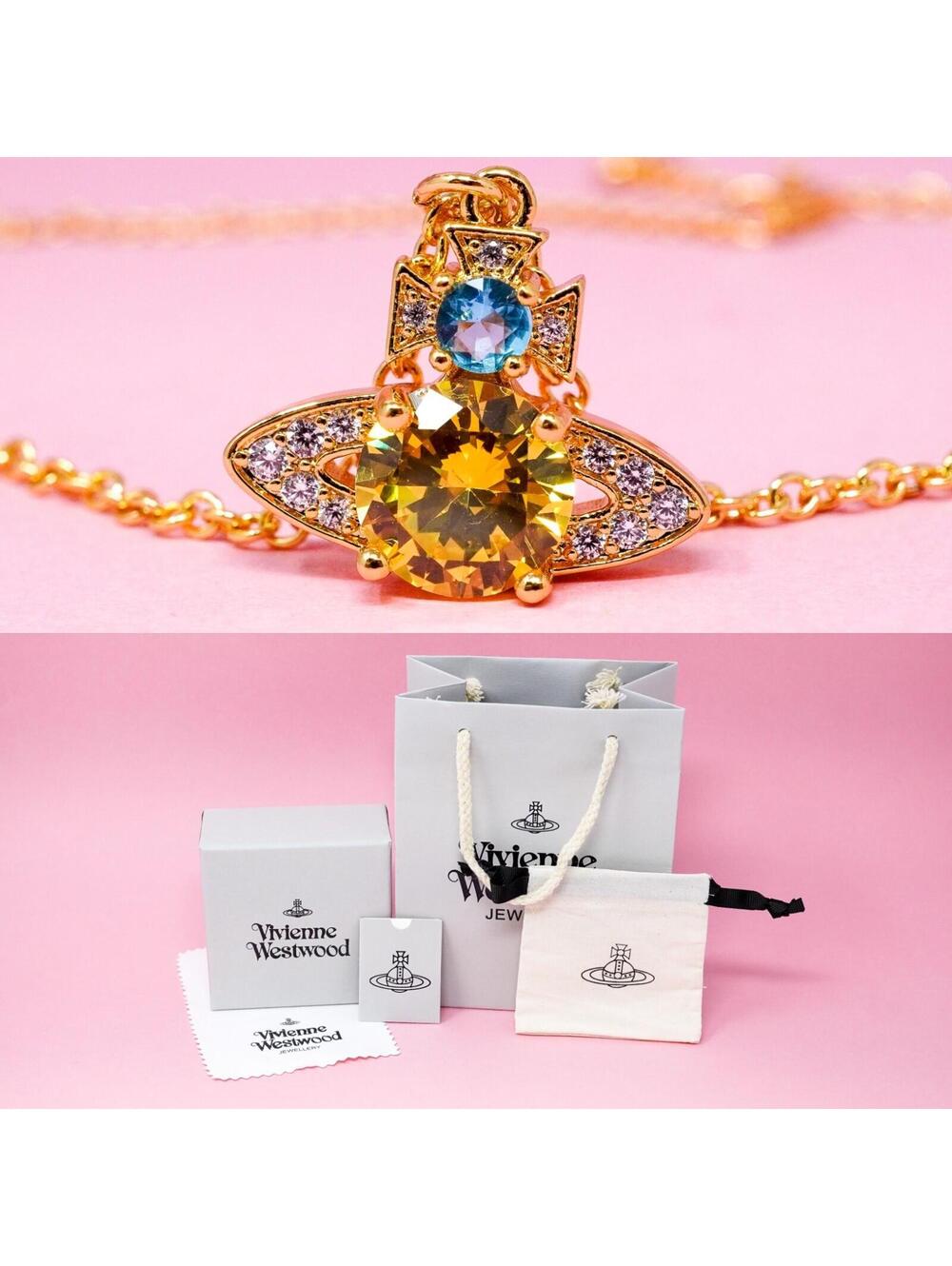 Vivienne Westwood Necklace Gold Plated Orb Pendant Yellow Crystals & Gift Box